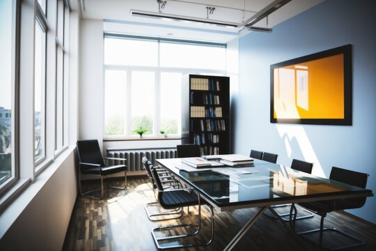 Interior of meeting room with windows, table and chairs, created using generative ai technology