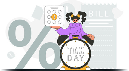 Graceful woman with calendar and alarm clock. An illustration demonstrating the correct payment of taxes.