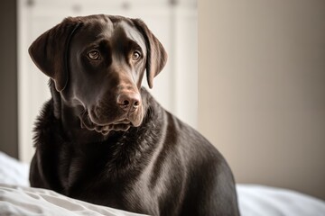 Portrait of cute brown dog on bed, created using generative ai technology