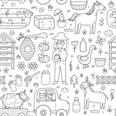Farm seamless pattern with cute characters in black and white. Countryside background in cartoon style for fabric and textile with bees, beekeeper, hive. Great for coloring book. Vector illustration
