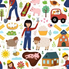 Cute seamless pattern with farm animals and kids farmers. Girl shearing sheep, tractor, pig in mud, windmill. On the farm background in cartoon style for fabric and textile. Vector illustration