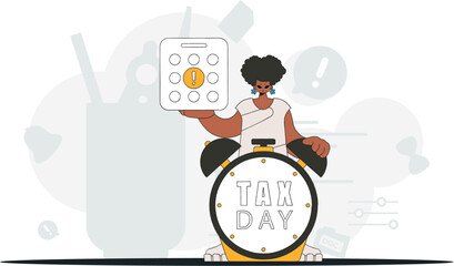 Gorgeous woman with calendar and alarm clock. Graphic illustration on the theme of tax payments.