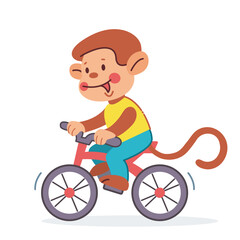 Fototapeta na wymiar Cute cartoon smiling monkey characters riding bicycle. Isolated illustration in flat style. 