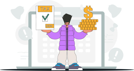 A well-dressed man holds a tax form and coins in his hands. Graphic illustration on the theme of tax payments.
