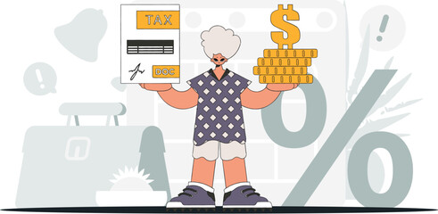 A well-dressed man holds a tax form and coins in his hands. An illustration demonstrating the importance of paying taxes for economic development.