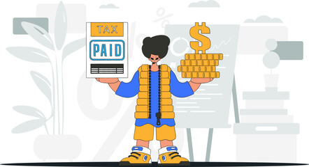 A fashionable man holds a tax form and coins in his hands. Graphic illustration on the theme of tax payments.