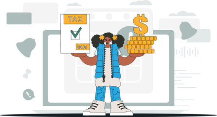 Gorgeous woman holds a tax form and coins in her hands. Graphic illustration on the theme of tax payments.