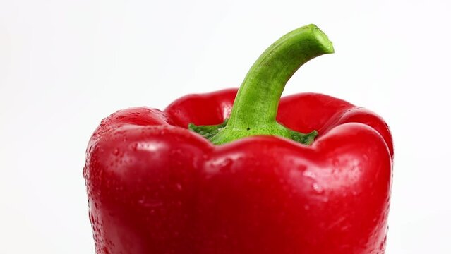 Bright red bell pepper with water drops rotation on white background close up
