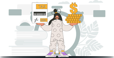 An elegant girl holds a tax form and coins in her hands. Graphic illustration on the theme of tax payments.