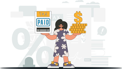 Fashionable woman holding a tax form and coins in her hands. An illustration demonstrating the importance of paying taxes for economic development.