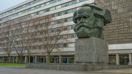 Chemnitz, Saxony, Germany – January 18, 2022: Famous huge statue of Karl Marx head, communist...
