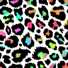 Trendy Neon Leopard seamless pattern. Vector rainbow wild animal cheetah skin, gradient leo texture with black and neon spots on white for fashion print design, textile, wrapping paper, backgrounds.