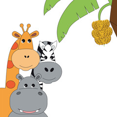 Giraffe Zebra Hippopotamus and Banana Tree Illustration Detail