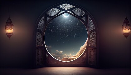 Fototapeta Mystical window with crescent moon in night sky. generative Ai obraz