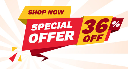 special offer 36 percent off, shop now banner design template
