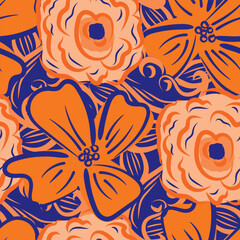 Wildflower seamless vector pattern background. Tropical color boho style meadow flowers backdrop. Hand drawn line art painterly botanical design. Garden flower cottagecore repeat for summer
