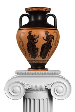 Antique ancient greek wine vase with meander pattern and ornament standing on a column isolated on white background.. 3d render