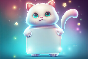 Cute white kitten holding a blank frame with copy space on a gradient background. Generative AI illustration