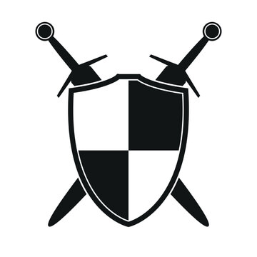 recommend clip art: shield with chessboard and two crossed swords icon silhouette, vector illustration of medieval sword isolated on a white