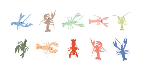 Crayfish Character sea animal on deep background. Wild life illustration. Underwear world. Vector illustration.