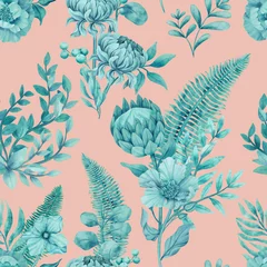 Canvas schilderij Jungle seamless watercolor background mix colorful tripical floral flower and leaves with line art used for background texture, wrapping paper, textile or wallpaper design  © borphloy