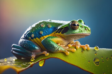 Fototapeta premium Tree frog on green leaf with drops of water. Macro. Generative AI.