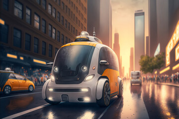 Small yellow robot taxi rides along big city street. Artificial intelligence controls the car. Generative AI illustration