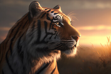 Tiger staring into distance during golden hour. Wildlife. Generative AI.