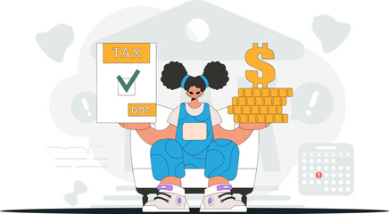 A graceful girl holds a tax form and coins in her hands. An illustration demonstrating the importance of paying taxes for economic development.