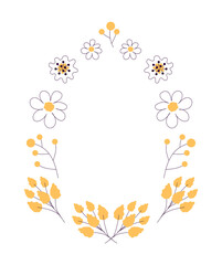 Floral wreath with naive doodle flowers. Hand drawn chamomile, yellow branches. Oval frame isolated on transparent background. Spring, summer template. PNG illustration