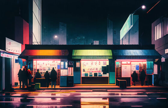 Pedestrian walking in a Tokyo street city landscape during the night, reworked and enhanced ai generated mattepainting