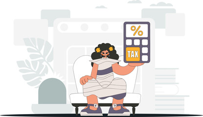 A graceful woman holds a calculator in her hand Graphic illustration on the theme of tax payments.