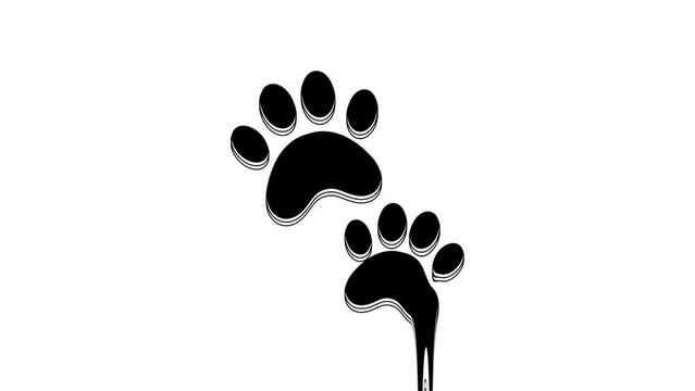 Black Paw print icon isolated on white background. Dog or cat paw print. Animal track. 4K Video motion graphic animation