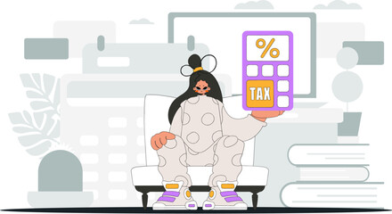 A graceful woman holds a calculator in her hand Illustration demonstrating the correct payment of taxes.