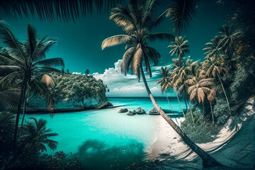 Fototapeta na wymiar A tropical paradise with a beach, palm trees, and turquoise water created with Generative AI technology