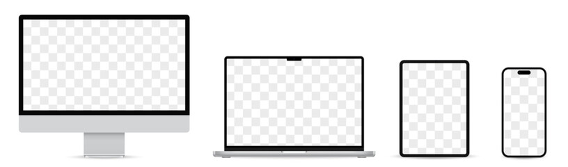 Laptop, Smartphone, Computer, Tablet realistic vector. Device screen mockup set. Realistic devices set - smartphone, computer, laptop, tablet isolated on white background. Vector - obrazy, fototapety, plakaty
