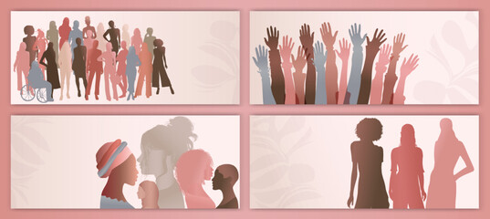 Silhouette group of multicultural women. Template banner poster. International Women’s day. Colleagues. Female social community of diverse culture.  Racial equality.Empowerment or inclusive