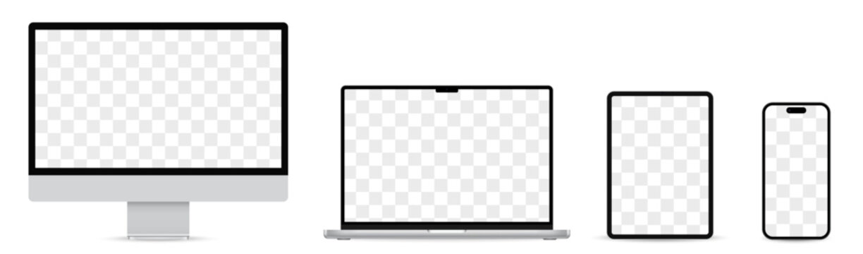 Laptop, Smartphone, Computer, Tablet realistic vector. Device screen mockup set. Realistic devices set - smartphone, computer, laptop, tablet isolated on white background. Vector