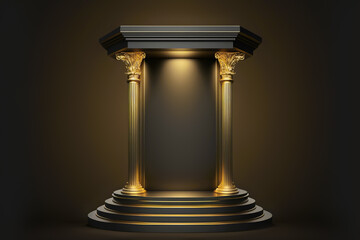 Empty golden architectural podium for product display on black background. Generative AI illustration