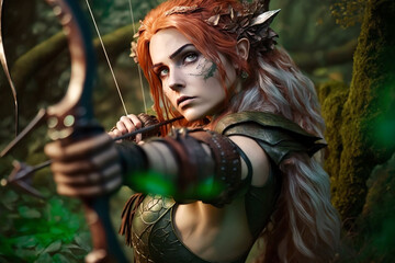 Red-haired young female archer with green, scanty leather armour in the forest. Female archer ready to shoot. Generative AI - obrazy, fototapety, plakaty
