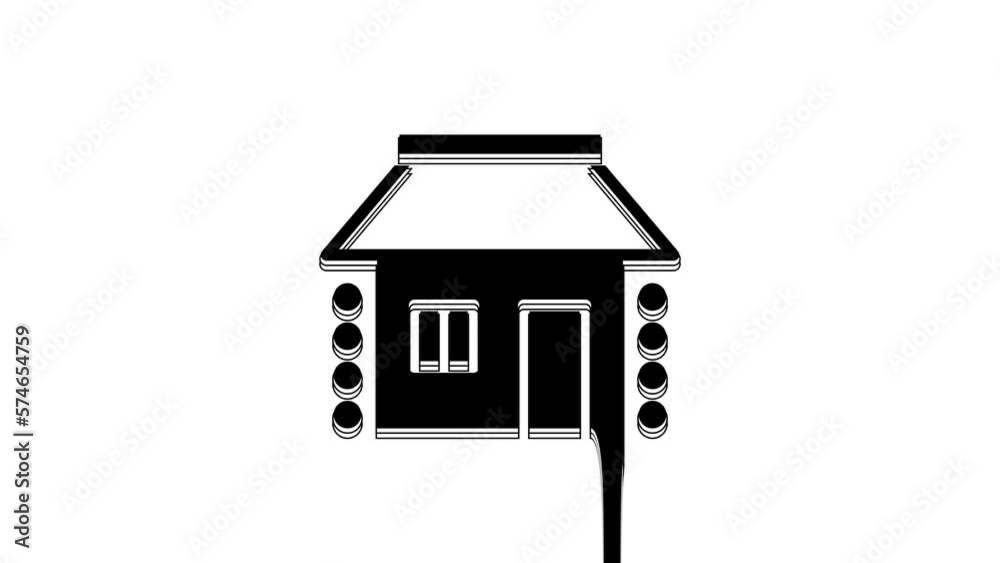 Sticker Black Old Ukrainian house hut icon isolated on white background. Traditional village house. 4K Video motion graphic animation