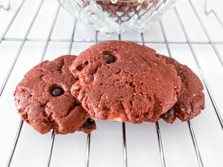 chocolate red velvet soft baked chip cookies.