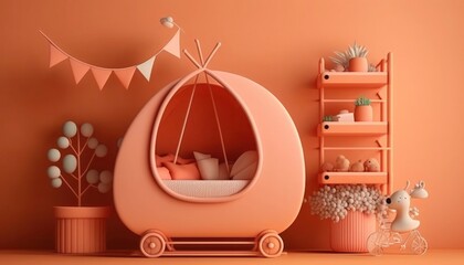 Tent bed in kids room with armchair and wall decoration, generative ai