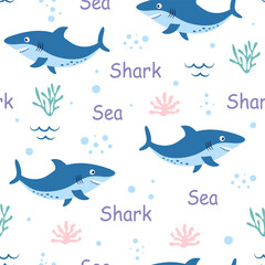 cartoon seamless pattern with shark, vector illustration