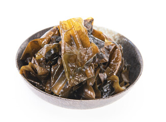 Laminaria (Kelp) Seaweed in black ceremic bowl. Japanese healthy food.