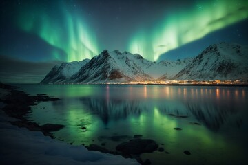 Fototapeta na wymiar Aurora borealis (Northern lights) over the sea with snowy mountains and city lights at night. Generative ai. 