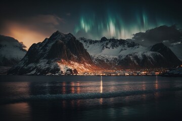 Aurora borealis (Northern lights) over the sea with snowy mountains and city lights at night. Generative ai. 