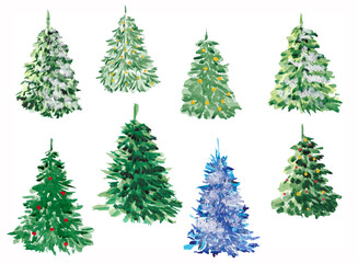 watercolor collection of christmas trees: green, blue