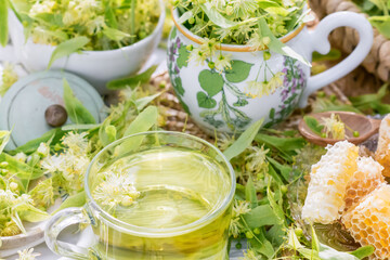 Linden flowers tea in a glass cup outdoors and cup with linden flowers, yellow drink of linden flower with linden blossoms honey in nature background, healthcare and healthy eating concept