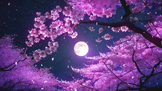 月夜に照らされる夜桜 月明り 桜 桜の花びら 舞う 満開 ループ シームレス